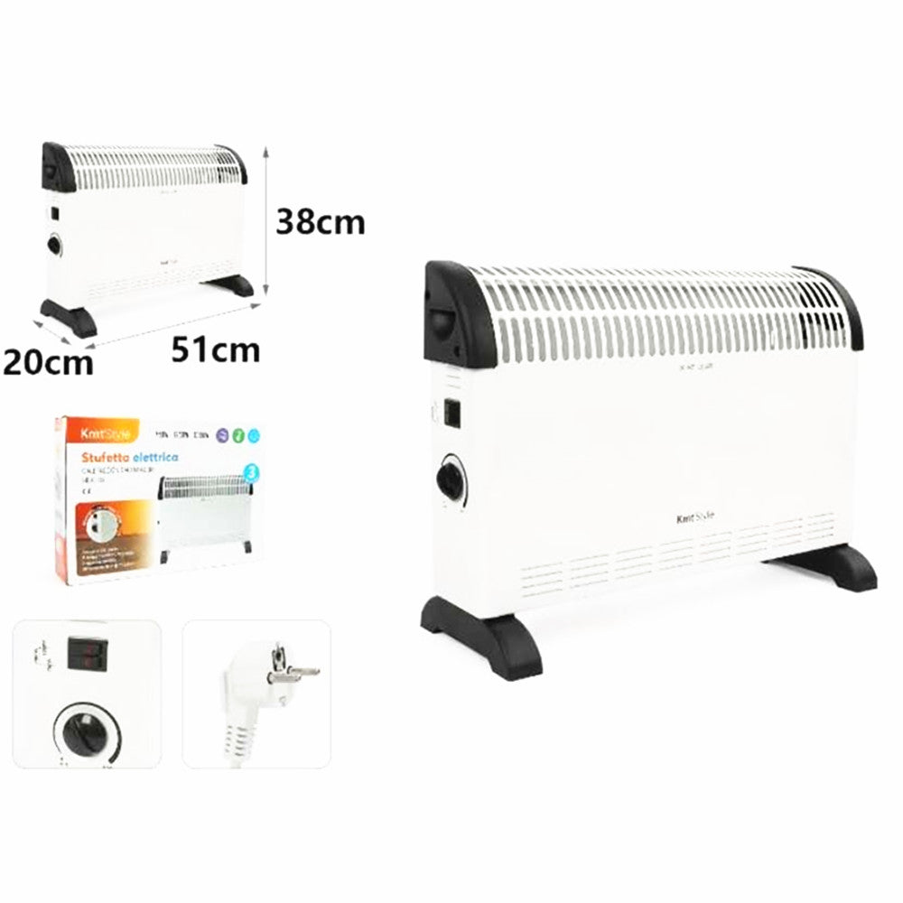 Calefactor funcionamiento a 1200 W o 2400 W, dos ajustes de temperatura, termostato mecánico, posición antiescarcha, calefactor de aire caliente, silencioso