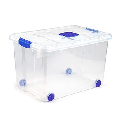 N4 Caja de plastico almacenamiento, Transparente, con ruedas,55 Litros.