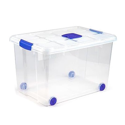 N4 Caja de plastico almacenamiento, Transparente, con ruedas,55 Litros.