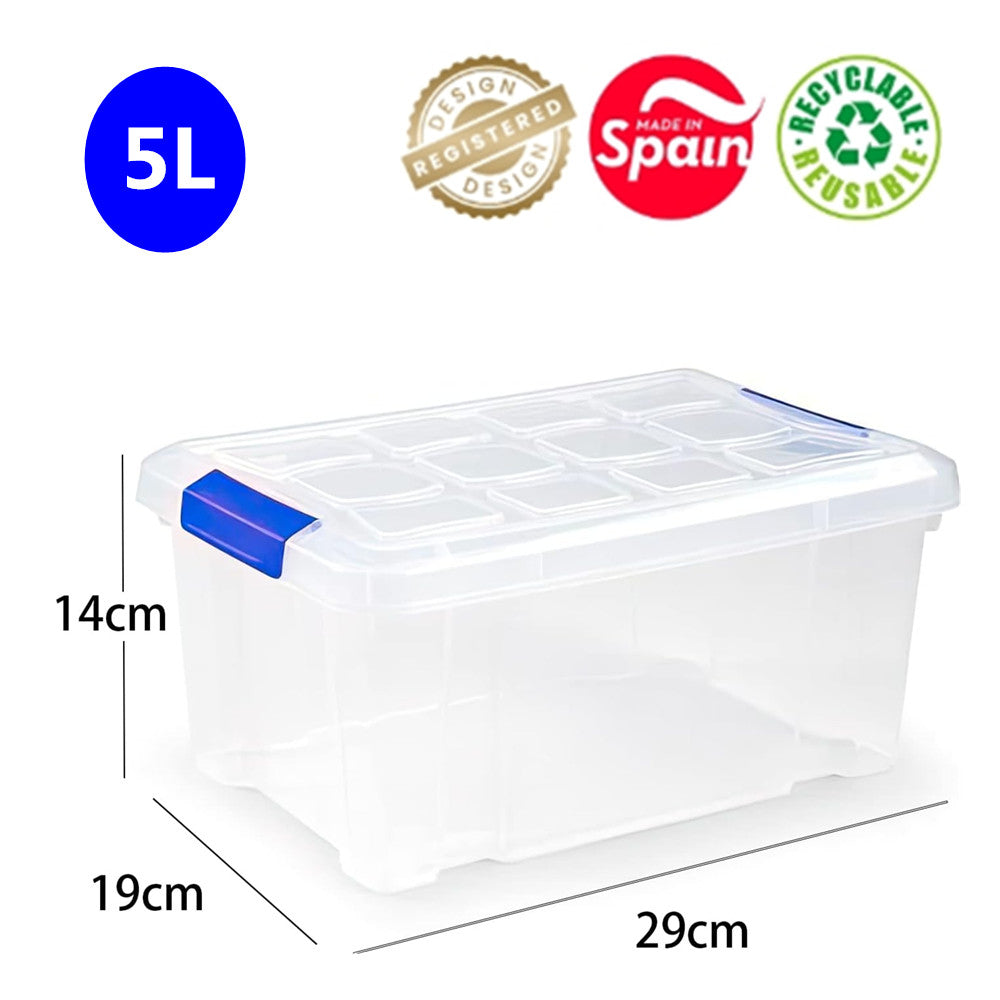 N10 Caja de plastico almacenamiento, Transparente, con ruedas,5 Litros.