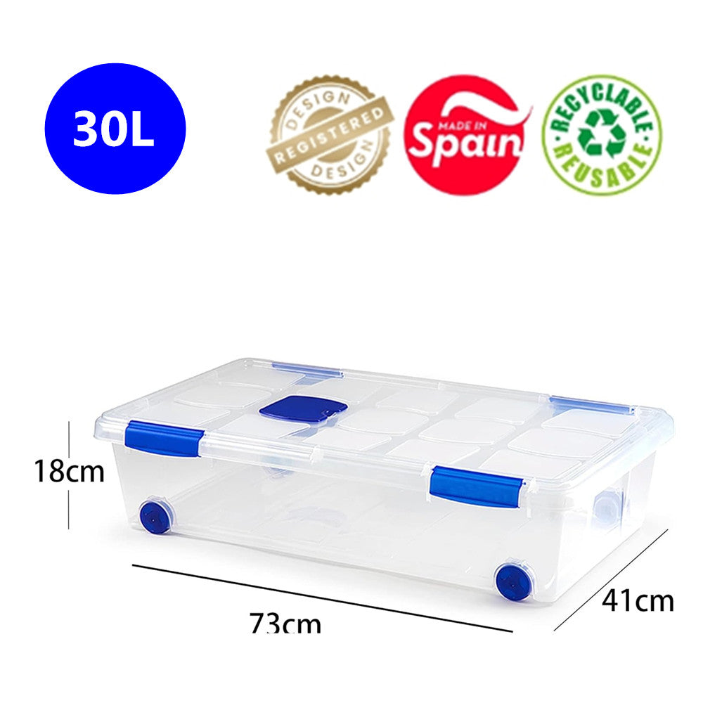 N11 Caja de plastico almacenamiento, Transparente, con ruedas,30 Litros.
