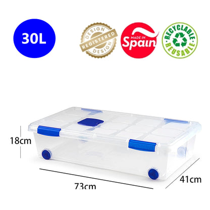 N11 Caja de plastico almacenamiento, Transparente, con ruedas,30 Litros.