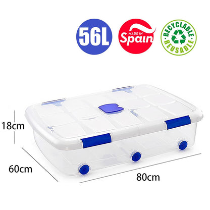 N14 Caja de plastico almacenamiento, para Cama bajo.Transparente, con ruedas,56 Litros.