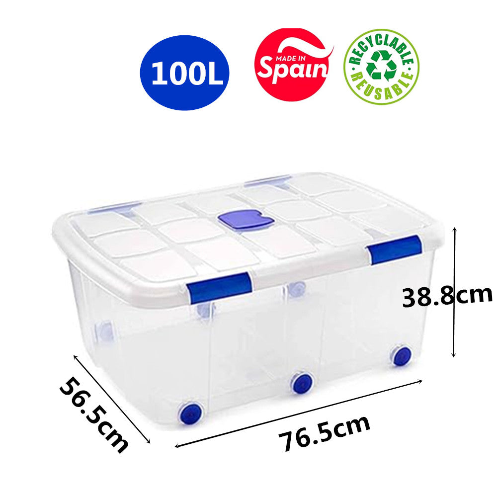 N15 Caja de plastico almacenamiento, Transparente, con ruedas,100 Litros.