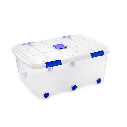 N15 Caja de plastico almacenamiento, Transparente, con ruedas,100 Litros.