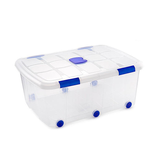 N15 Caja de plastico almacenamiento, Transparente, con ruedas,100 Litros.