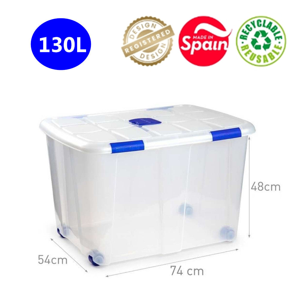 N16 Caja de plastico almacenamiento, Transparente, con ruedas,130 Litros.