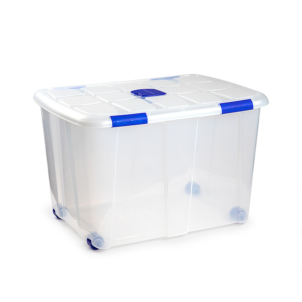 N16 Caja de plastico almacenamiento, Transparente, con ruedas,130 Litros.