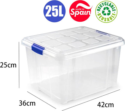 N2 Caja de plastico almacenamiento, Transparente, sin ruedas,25 Litros.