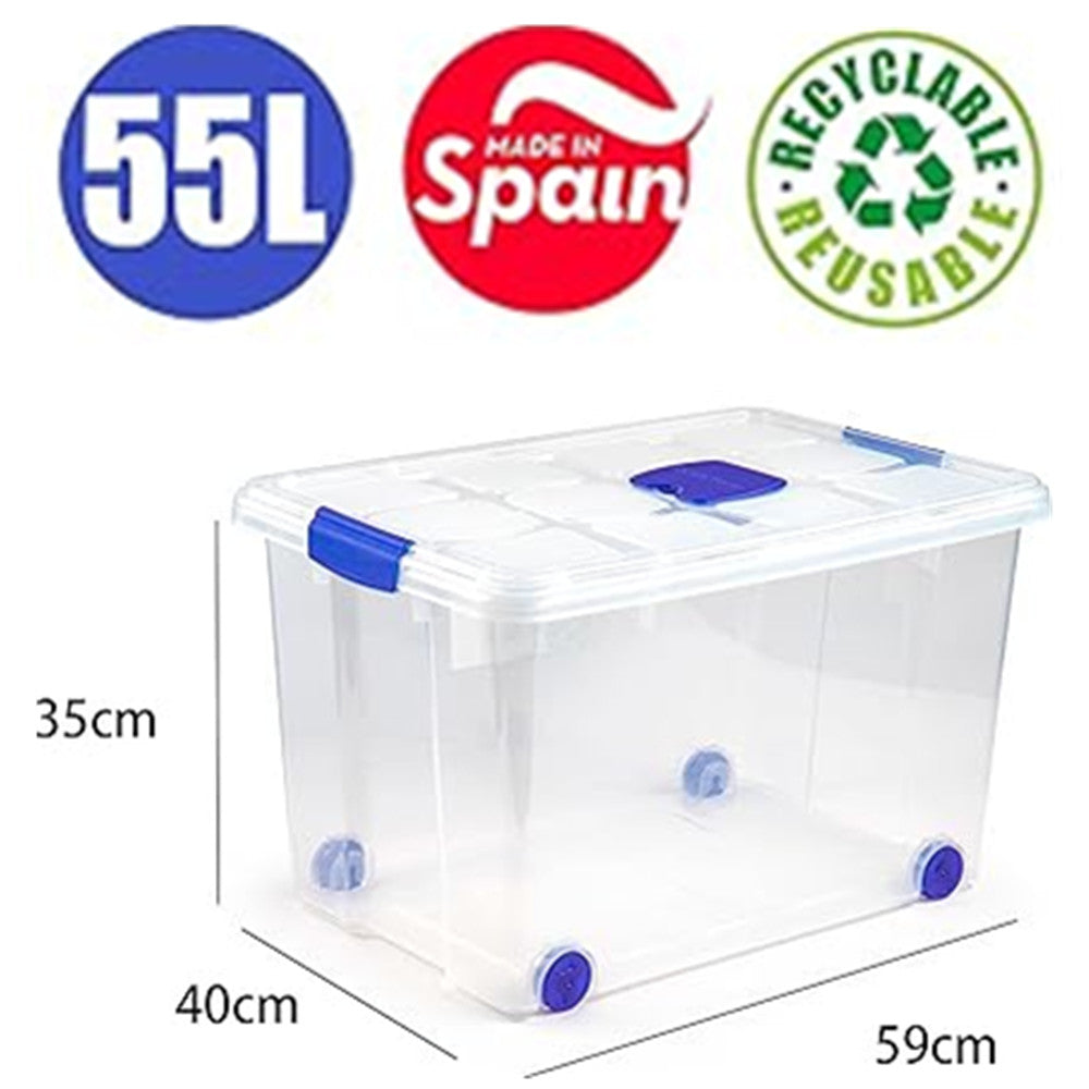 N4 Caja de plastico almacenamiento, Transparente, con ruedas,55 Litros.