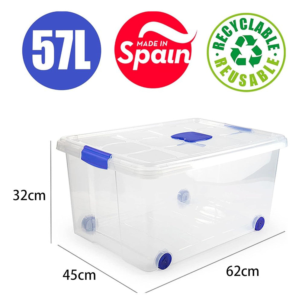 N5 Caja de plastico almacenamiento, Transparente, con ruedas,57 Litros.