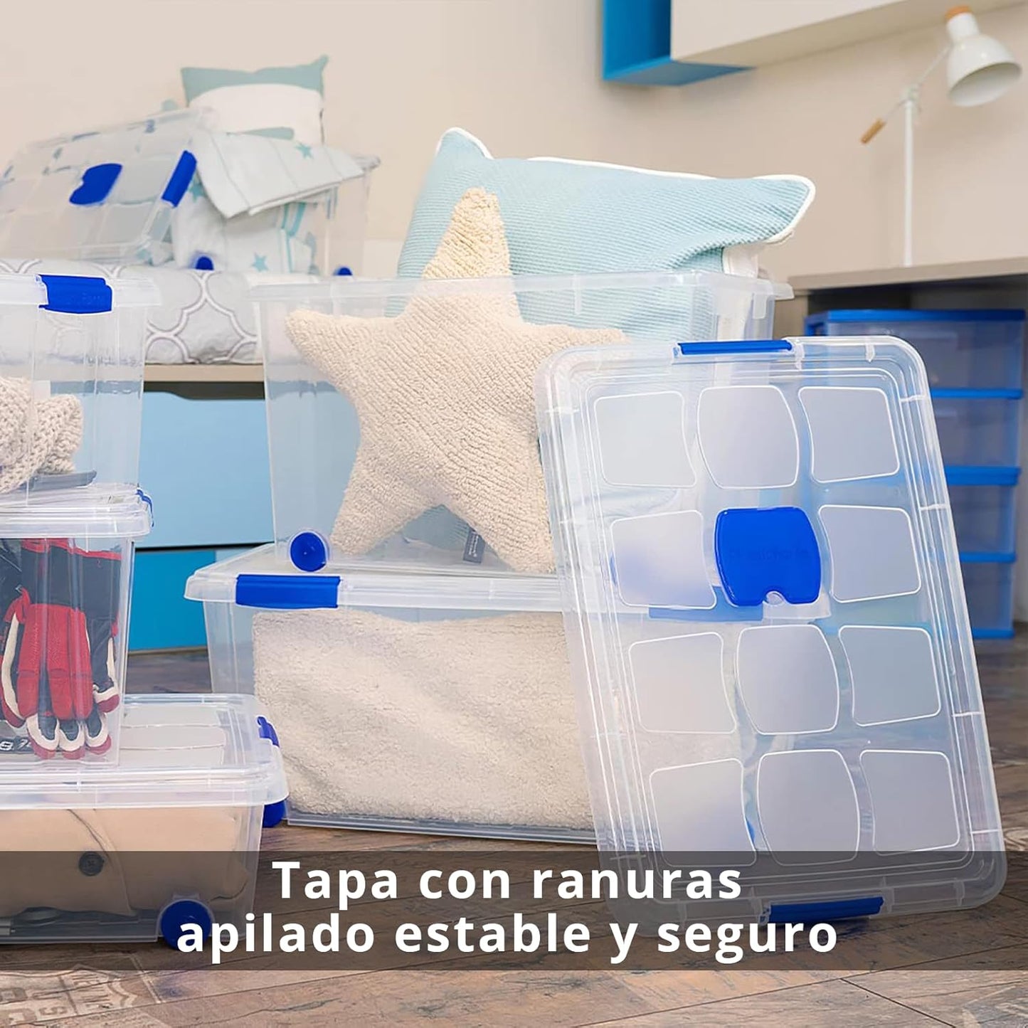 N5 Caja de plastico almacenamiento, Transparente, con ruedas,57 Litros.