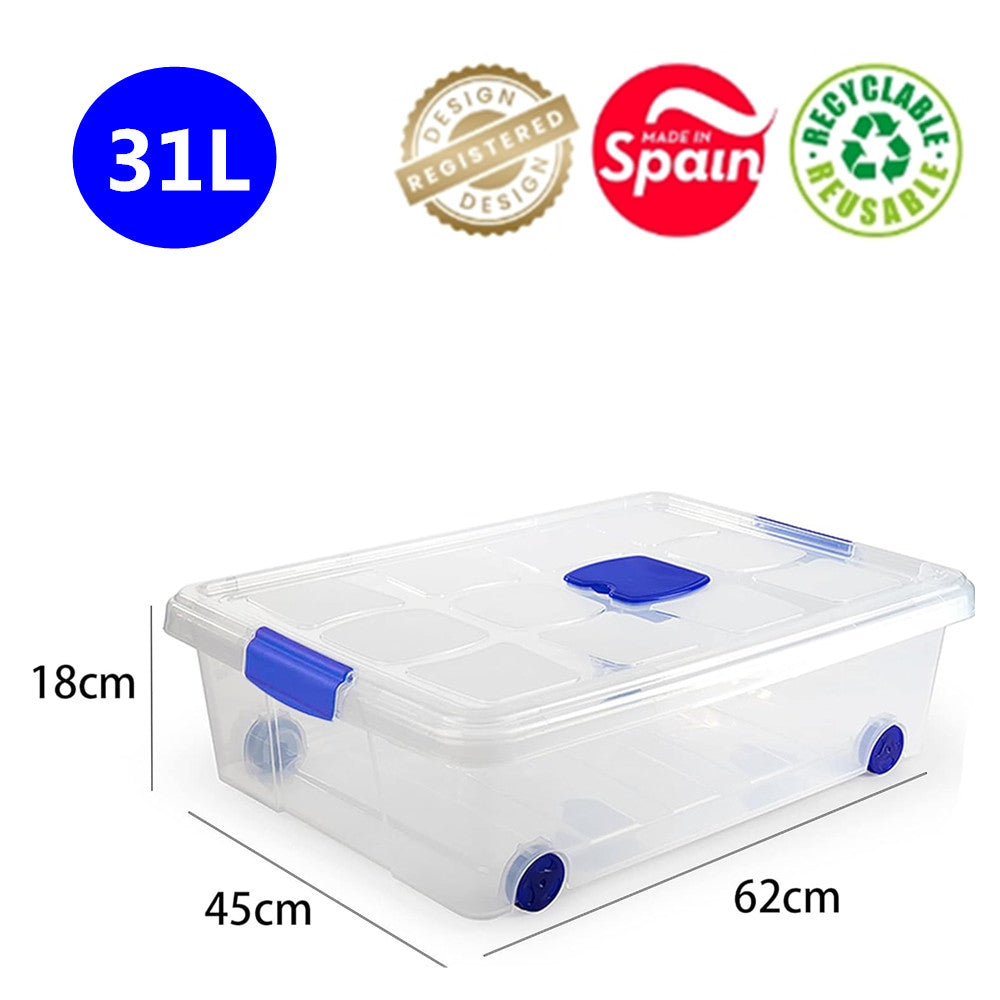 N6 Caja de plastico almacenamiento, Transparente, con ruedas,31 Litros.