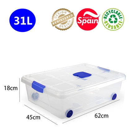 N6 Caja de plastico almacenamiento, Transparente, con ruedas,31 Litros.