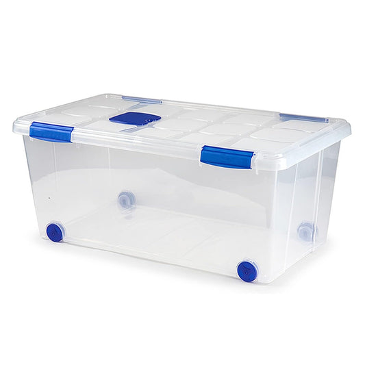 N7 Caja de plastico almacenamiento, Transparente, con ruedas,61 Litros.