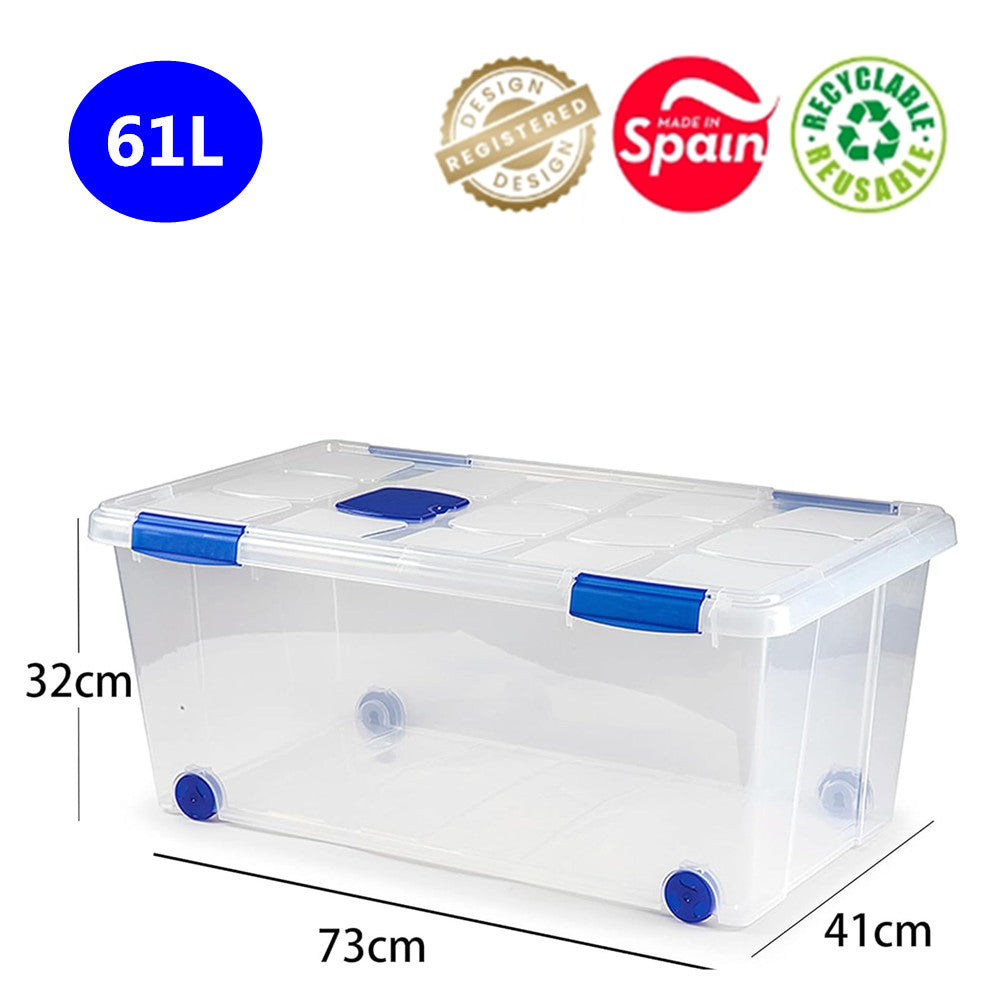 N7 Caja de plastico almacenamiento, Transparente, con ruedas,61 Litros.