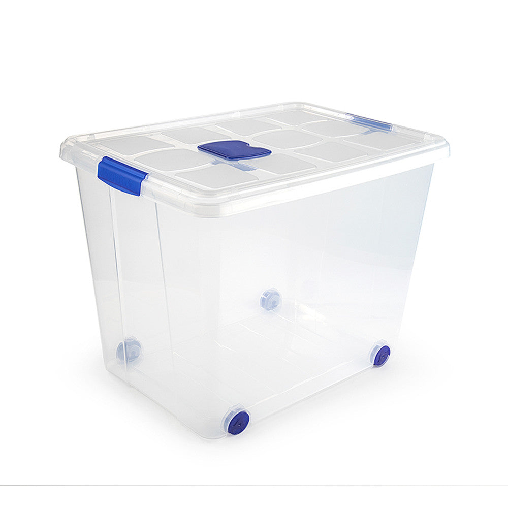 N8 Caja de plastico almacenamiento, Transparente, con ruedas,86 Litros