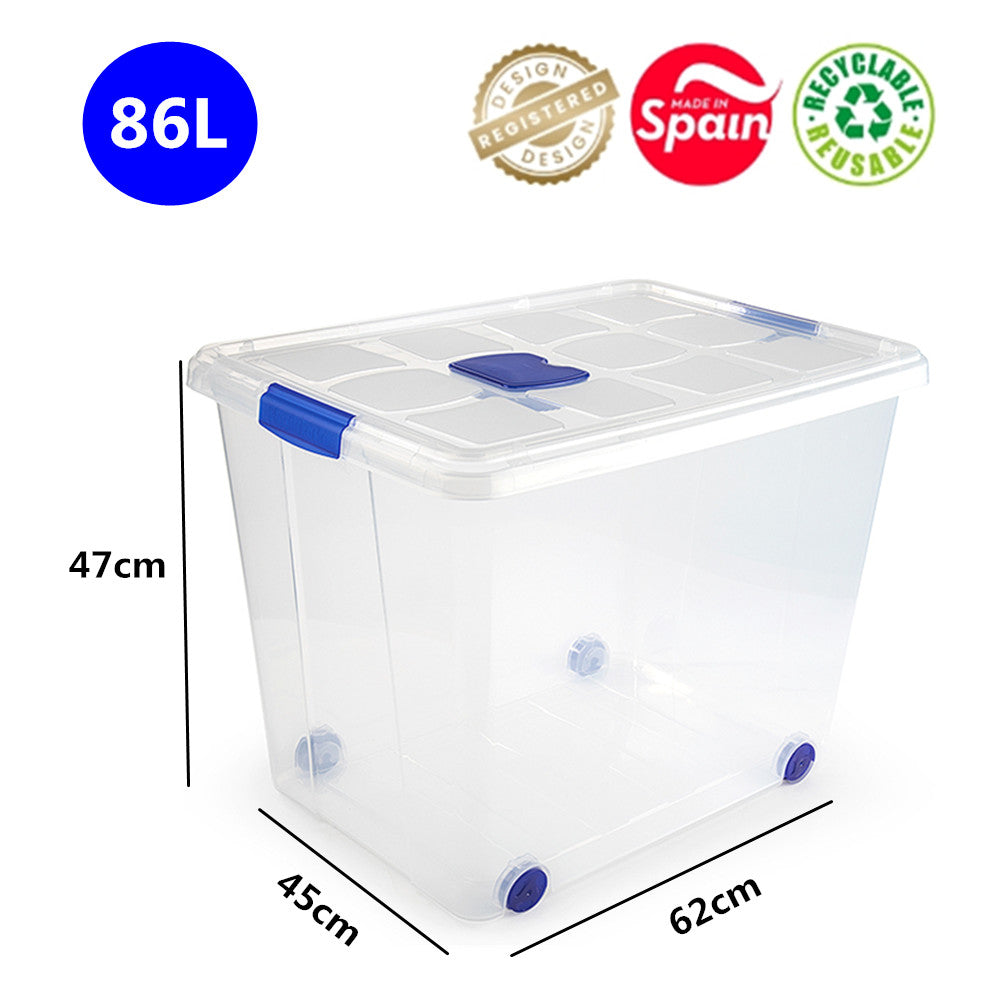 N8 Caja de plastico almacenamiento, Transparente, con ruedas,86 Litros